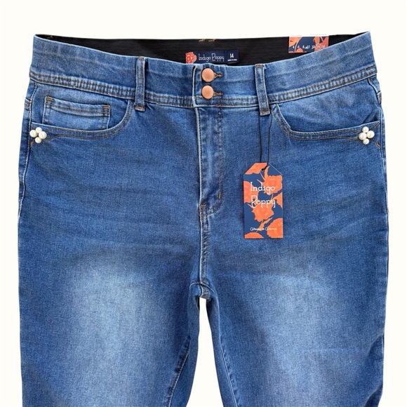 Indigo Poppy Pearl Bead Bootcut High-Rise Stretch Jeans ~ Women’s 14 - Picture 4 of 10